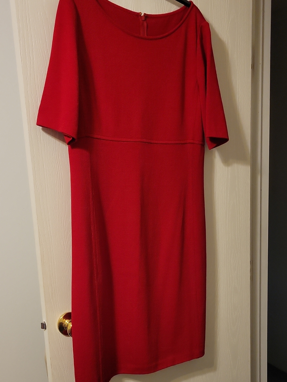 St. John Collection Red Short-Sleeve Knit Midi Sheath Dress